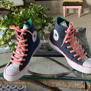Converse Navy & Teal All Star High-Tops with Pink Accents